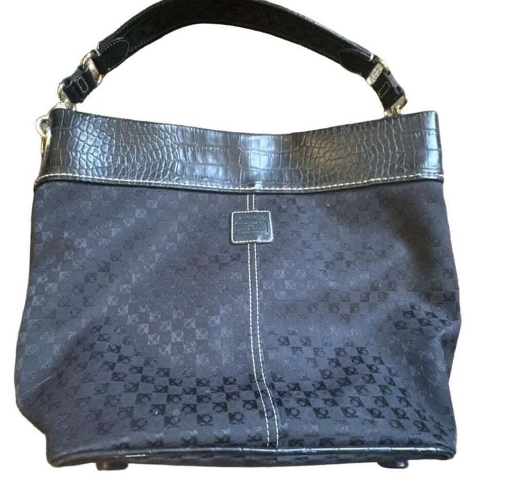 Liz Claiborne Signature Satchel Tote Purse Handbag Canvas with Faux Croc Trim